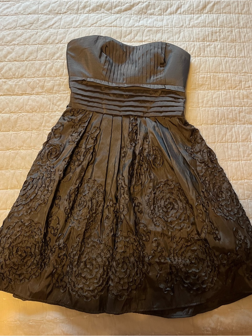 Strapless Brown Floral Appliqué Party Dress